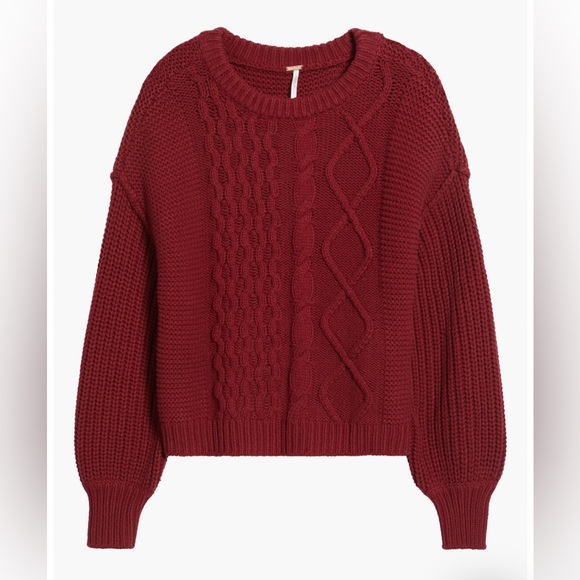 Free People Dream Cable Knit Sweater Size XS Maroon...